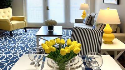 Brightly decorated interior of a living space with flowers