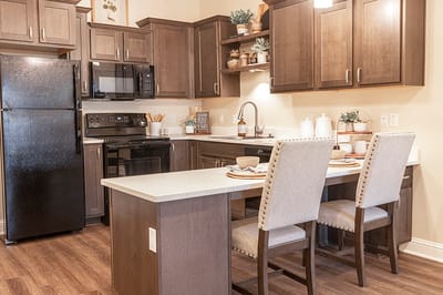 Modern kitchen interior with dining area