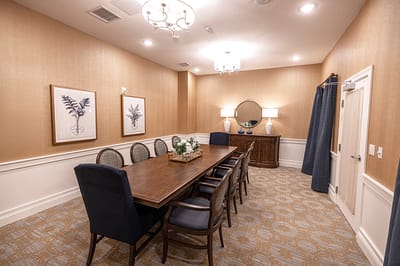 Welcoming interior dining space with a long table