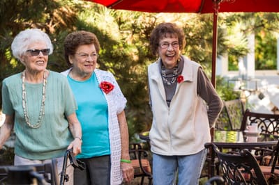 Three residents enjoying a sunny outdoor gathering