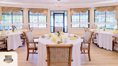 Elegant dining room setup with tables and meals