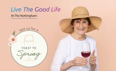 A senior woman enjoying a drink, promoting an event