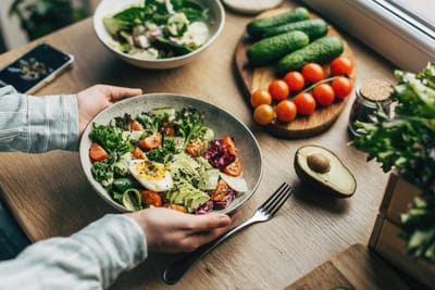 A person holding a fresh salad bowl with various ingredients