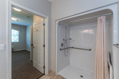 Accessible bathroom with grab bars and shower