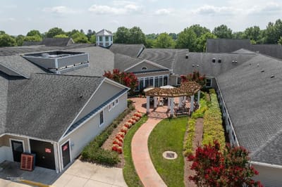 Aerial view of the facility's outdoor space with landscaping