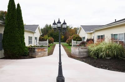 Pathway between buildings with gardens