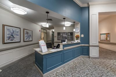 Reception area of an assisted living facility with decor