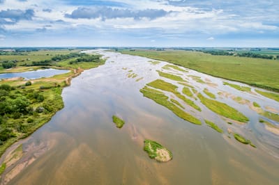 Aerial view of a river winding through green landscape