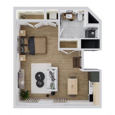 Aerial view of a studio apartment layout