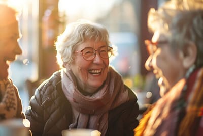 Seniors enjoying a joyful conversation in a cozy setting