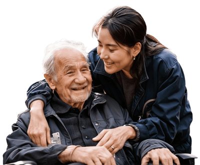 Senior man smiling with a caregiver on his wheelchair