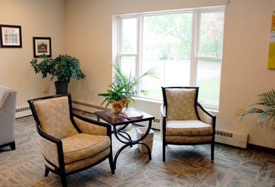 Cozy sitting area with two chairs and a plant