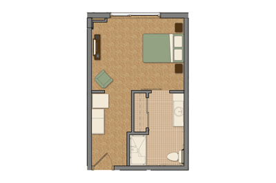 Architectural floor plan of a senior living unit