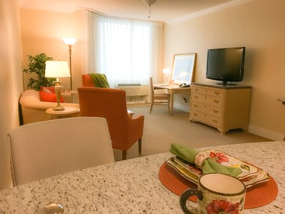 A cozy interior view of a resident room