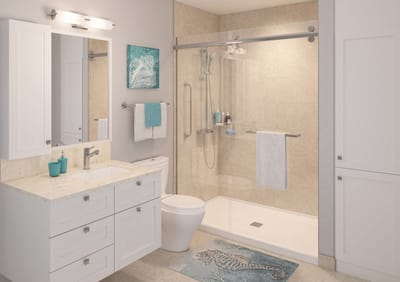 Modern bathroom interior with shower and amenities