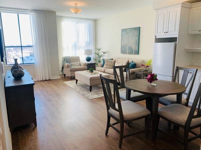 Bright interior living space in a retirement community