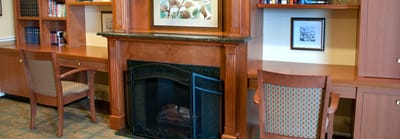 Cozy common area with a fireplace and bookshelves