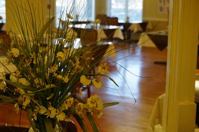Close-up of a floral arrangement in the dining room