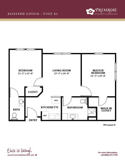 Architectural floor plan of assisted living unit A2