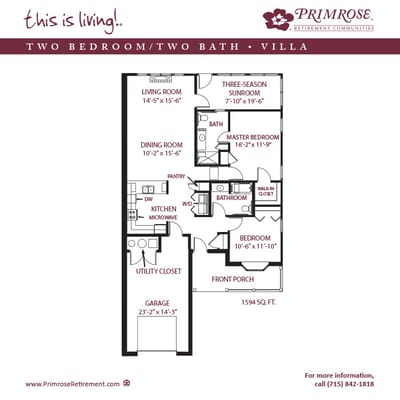 Architectural floor plan of a two-bedroom villa