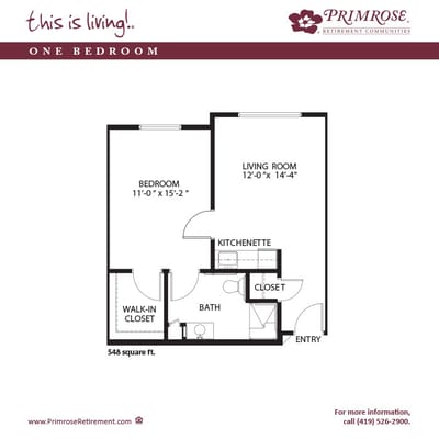 Architectural floor plan of a one-bedroom unit