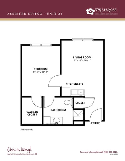 Architectural floor plan for an assisted living unit