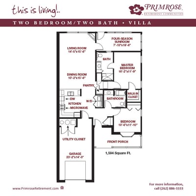 Architectural floor plan of a two-bedroom villa