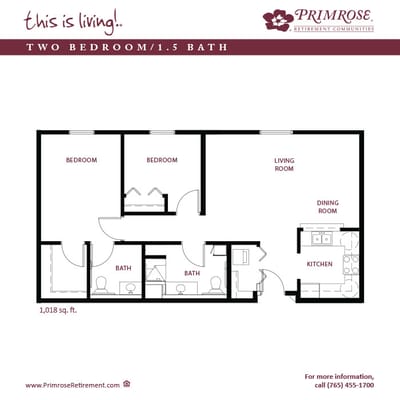 Floor plan of a two-bedroom unit with a bath