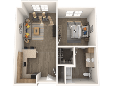 Floor plan of a private resident room and living area