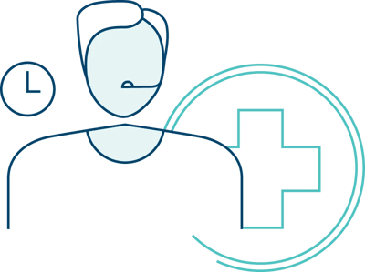 Health care service graphic with clock and cross symbol