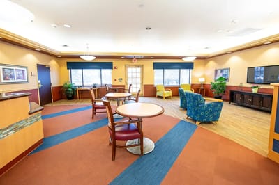 Bright and welcoming common area with seating