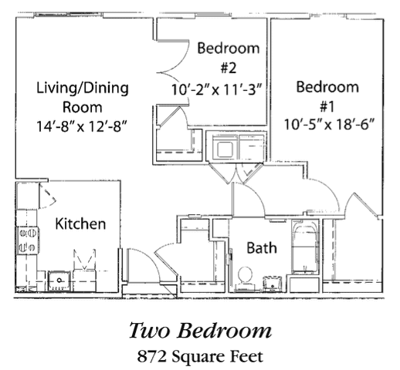 Architectural floor plan of a two-bedroom unit
