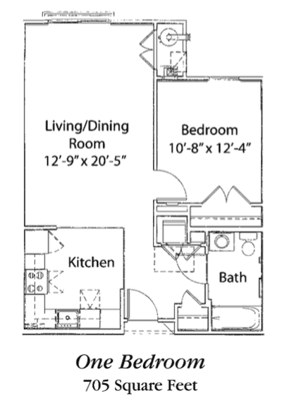 Architectural floor plan of a one-bedroom unit