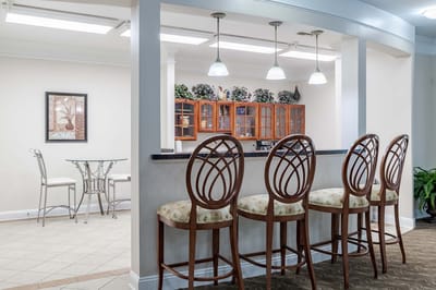 Interior view of a common area with bar seating