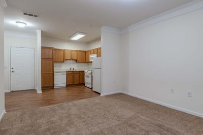 Spacious kitchen and living area in a resident room