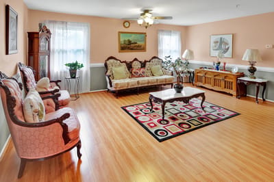 Bright common area with seating and decor