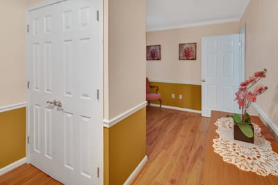 Interior view of a hallway with decor and plants
