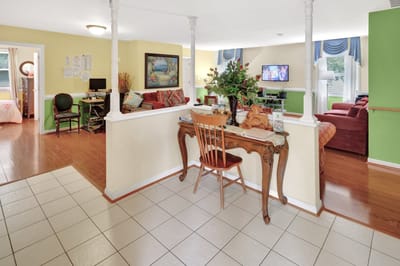 Bright interior common area with seating and decor