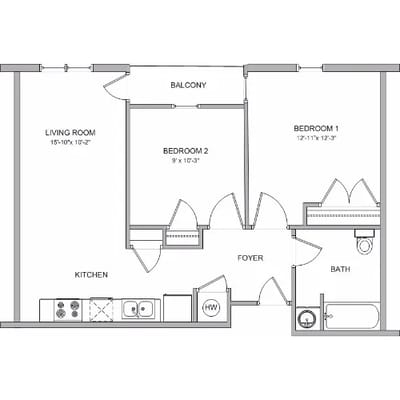 Floor plan of a two-bedroom apartment layout