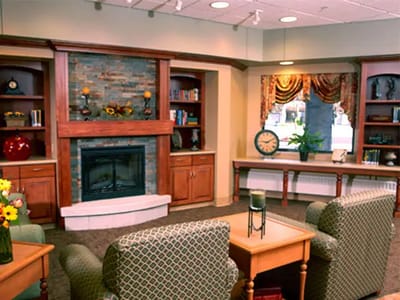 Cozy lounge area with a fireplace and bookshelves