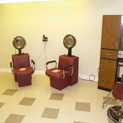 Interior of a hair salon with styling chairs