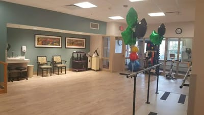 Bright, spacious activity room with decorations