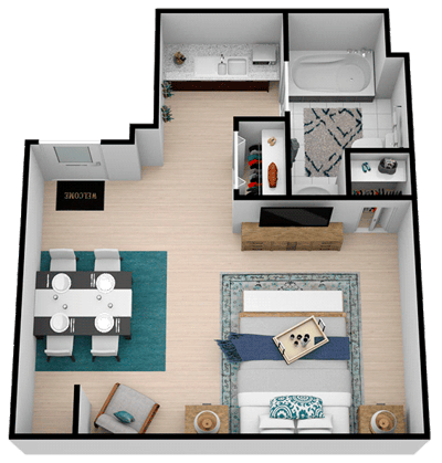 3D floor plan of a spacious living area