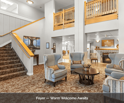Interior foyer with comfortable seating and a warm atmosphere
