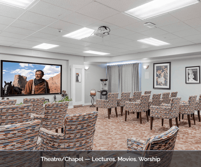 Interior view of a theatre/church space with seating