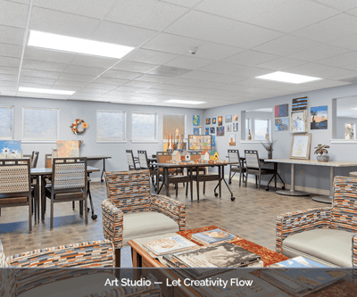 Bright and inviting art studio with creative displays