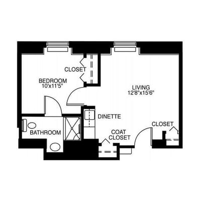 Architectural floor plan of a one-bedroom unit