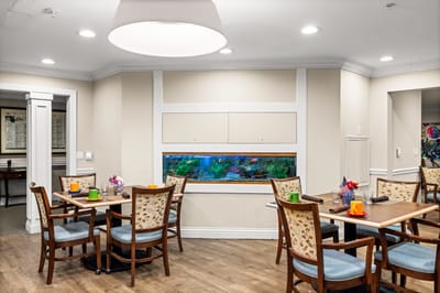 Bright dining area with colorful decor and an aquarium