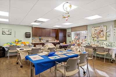 Bright activity room set up for a celebration