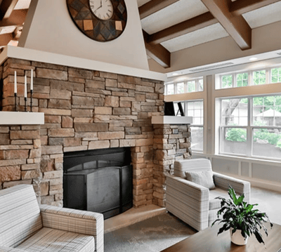 Interior common area with fireplace and seating